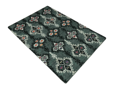 Traditional Ikat Design 5x7.6 Green, Black and Ivory Hand Knotted wool area rug - The Rug Decor