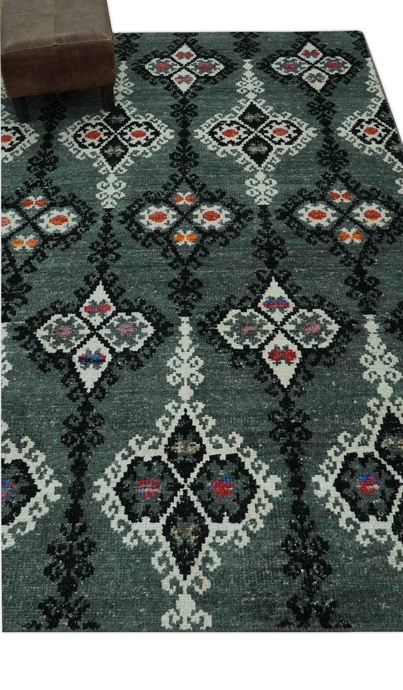 Traditional Ikat Design 5x7.6 Green, Black and Ivory Hand Knotted wool area rug - The Rug Decor