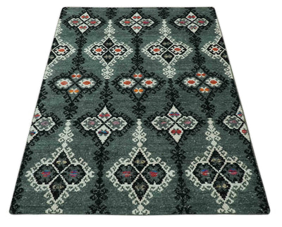 Traditional Ikat Design 5x7.6 Green, Black and Ivory Hand Knotted wool area rug - The Rug Decor