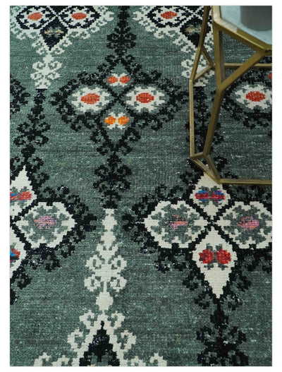 Traditional Ikat Design 5x7.6 Green, Black and Ivory Hand Knotted wool area rug - The Rug Decor