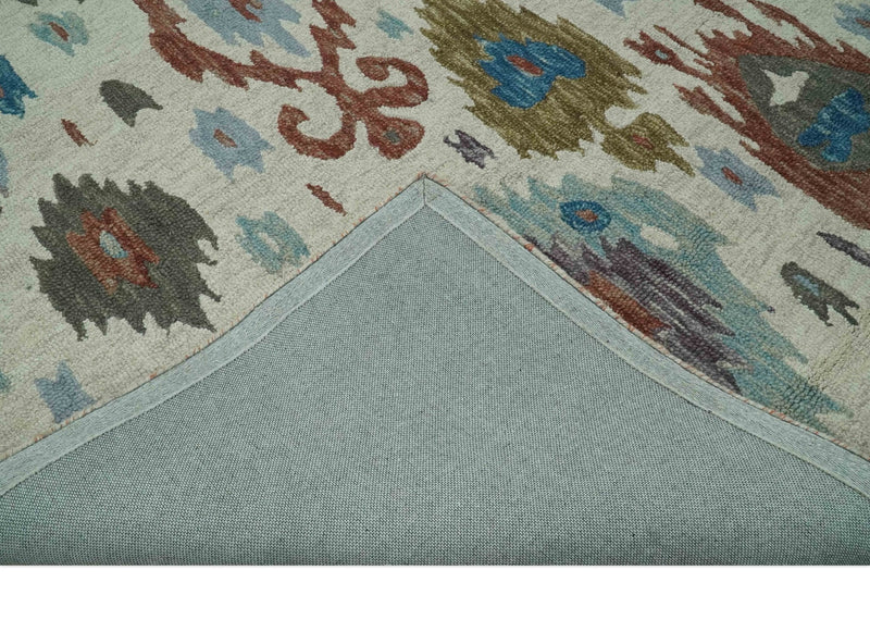 Traditional Ikat Design 5x8 Ivory, Brown and Aqua Hand Tufted wool area rug - The Rug Decor