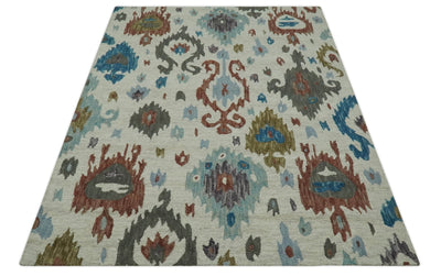 Traditional Ikat Design 5x8 Ivory, Brown and Aqua Hand Tufted wool area rug - The Rug Decor