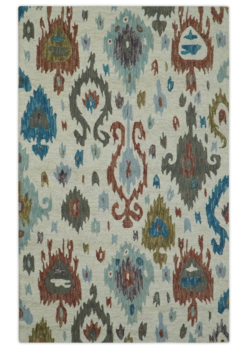 Traditional Ikat Design 5x8 Ivory, Brown and Aqua Hand Tufted wool area rug - The Rug Decor