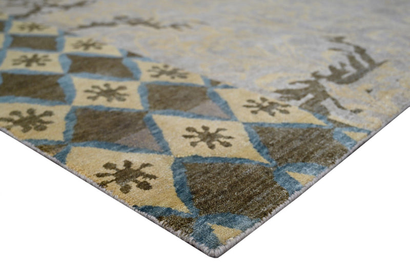 Traditional Ikat Design Silver, Gold, Blue and Charcoal Hand Knotted Wool Area Rug - The Rug Decor