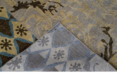 Traditional Ikat Design Silver, Gold, Blue and Charcoal Hand Knotted Wool Area Rug - The Rug Decor