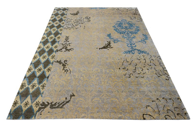 Traditional Ikat Design Silver, Gold, Blue and Charcoal Hand Knotted Wool Area Rug - The Rug Decor