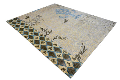 Traditional Ikat Design Silver, Gold, Blue and Charcoal Hand Knotted Wool Area Rug - The Rug Decor