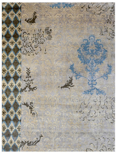 Traditional Ikat Design Silver, Gold, Blue and Charcoal Hand Knotted Wool Area Rug - The Rug Decor