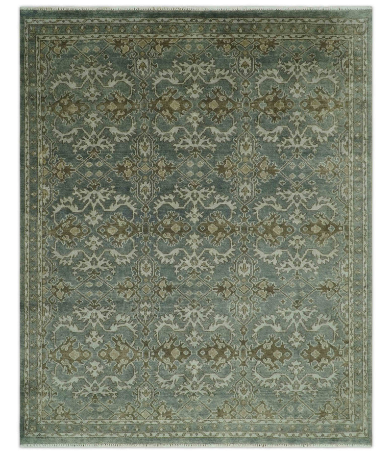 Traditional Ikat large Design Gray, Silver and Olive 8x10 Hand Knotted wool area rug - The Rug Decor