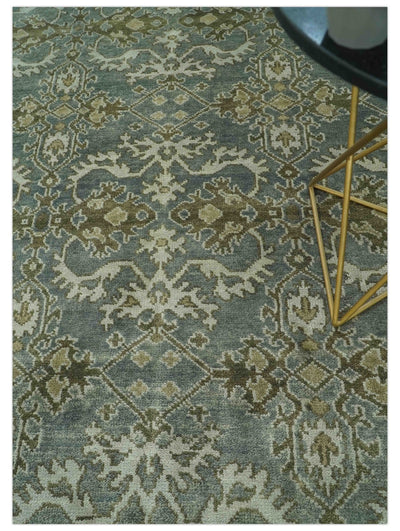 Traditional Ikat large Design Gray, Silver and Olive 8x10 Hand Knotted wool area rug - The Rug Decor