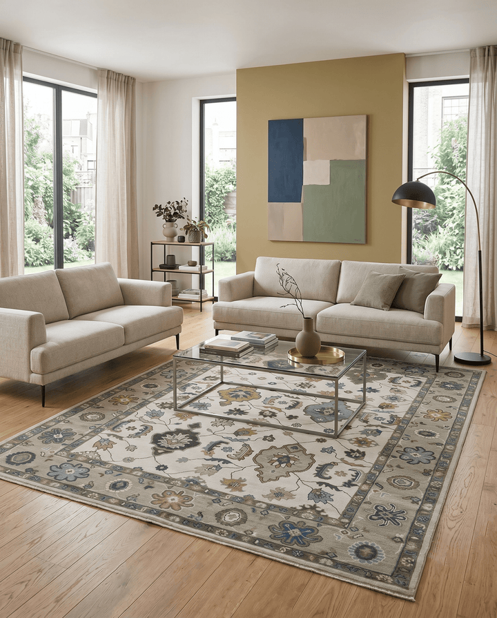 Traditional Ivory and Beige Hand Knotted Oriental Oushak Wool Area Rug - The Rug Decor