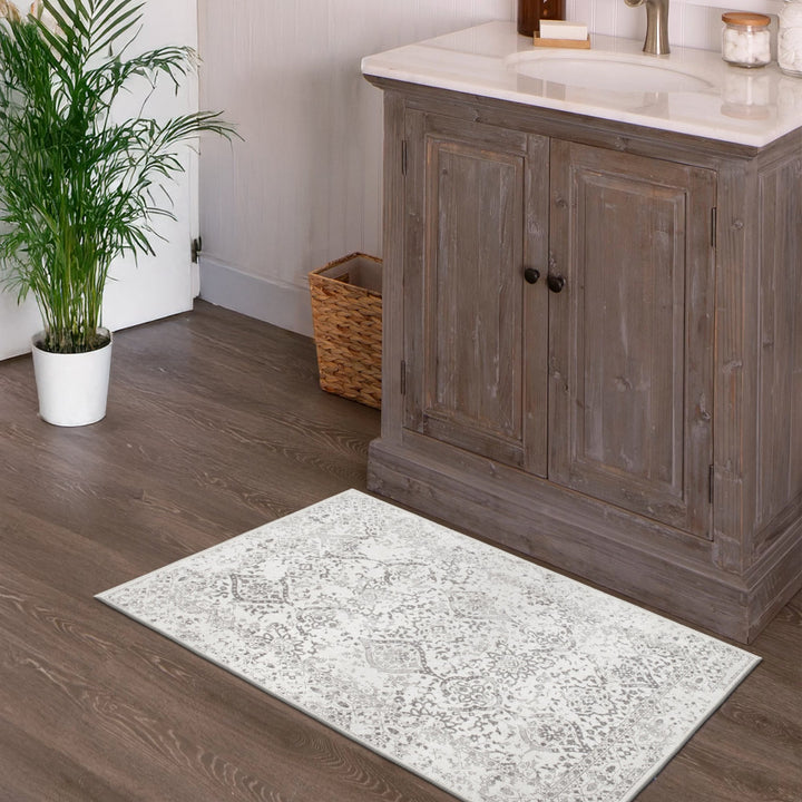 Traditional Ivory And Grey Machine Washable Cotton Area Rug - The Rug Decor