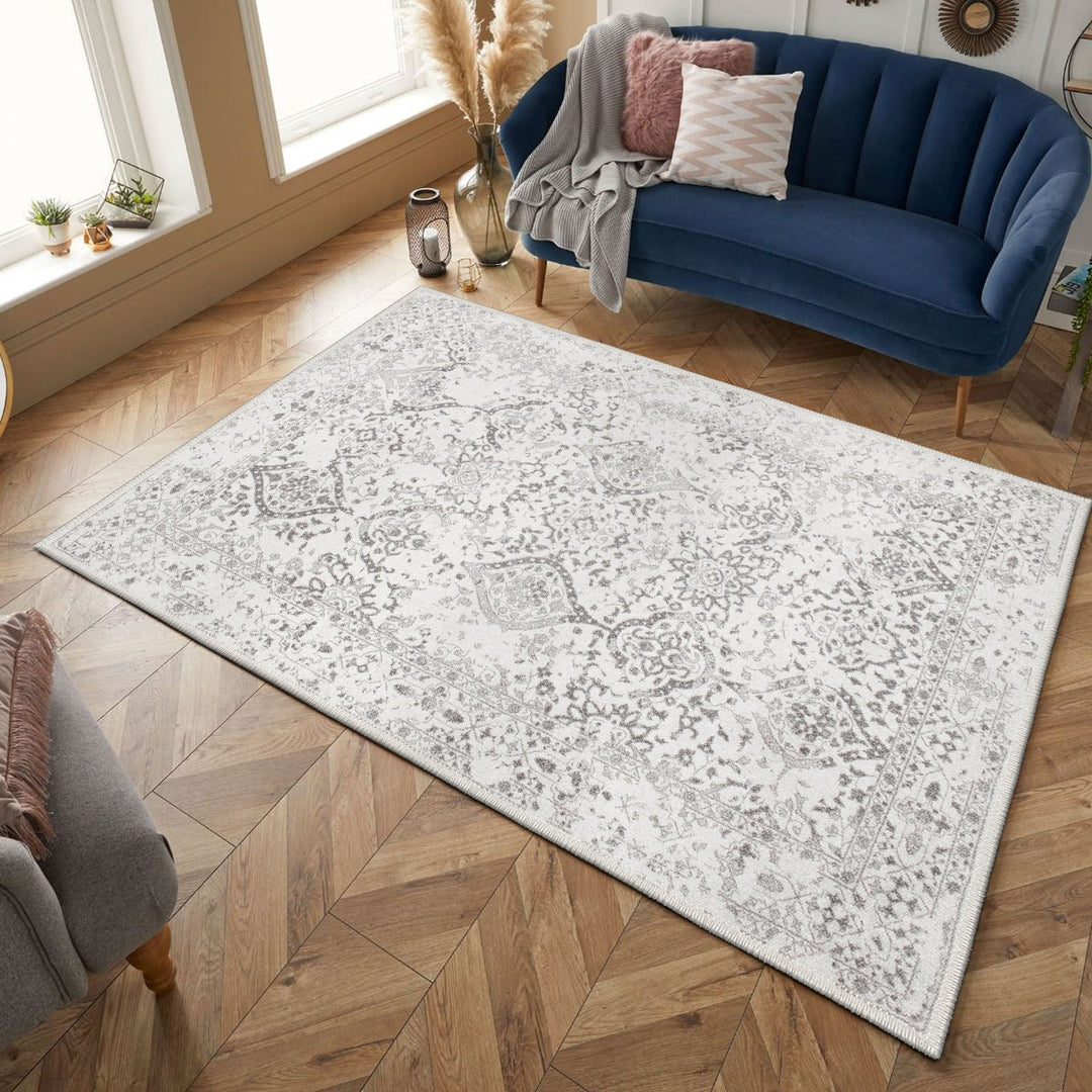 Traditional Ivory And Grey Machine Washable Cotton Area Rug - The Rug Decor