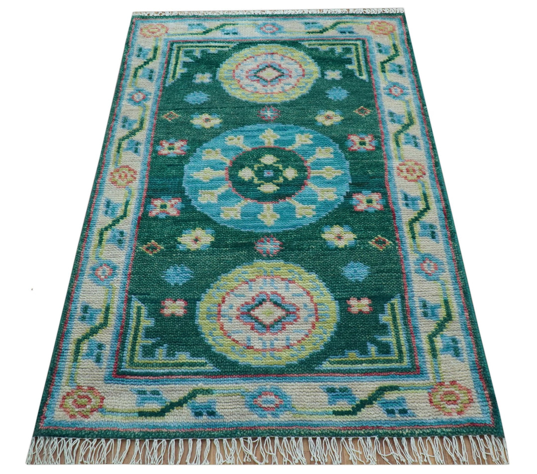 Traditional Khotan Design Teal 3x5 Hand knotted Wool Area Rug - The Rug Decor