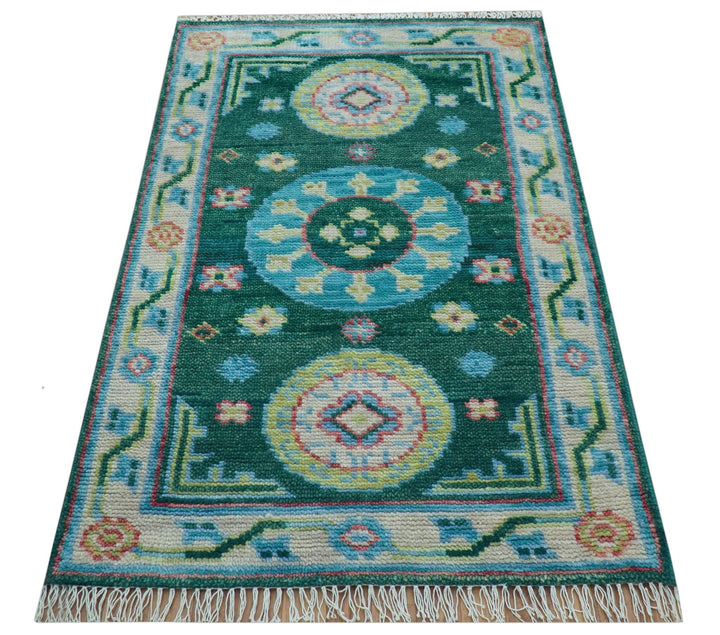 Traditional Khotan Design Teal 3x5 Hand knotted Wool Area Rug - The Rug Decor