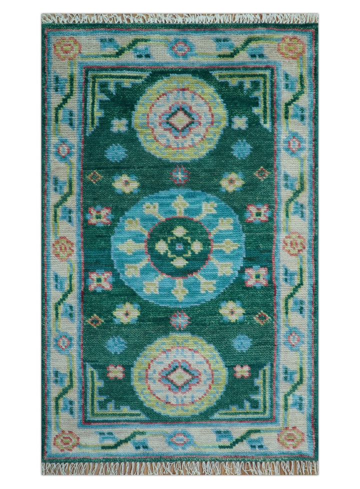 Traditional Khotan Design Teal 3x5 Hand knotted Wool Area Rug - The Rug Decor