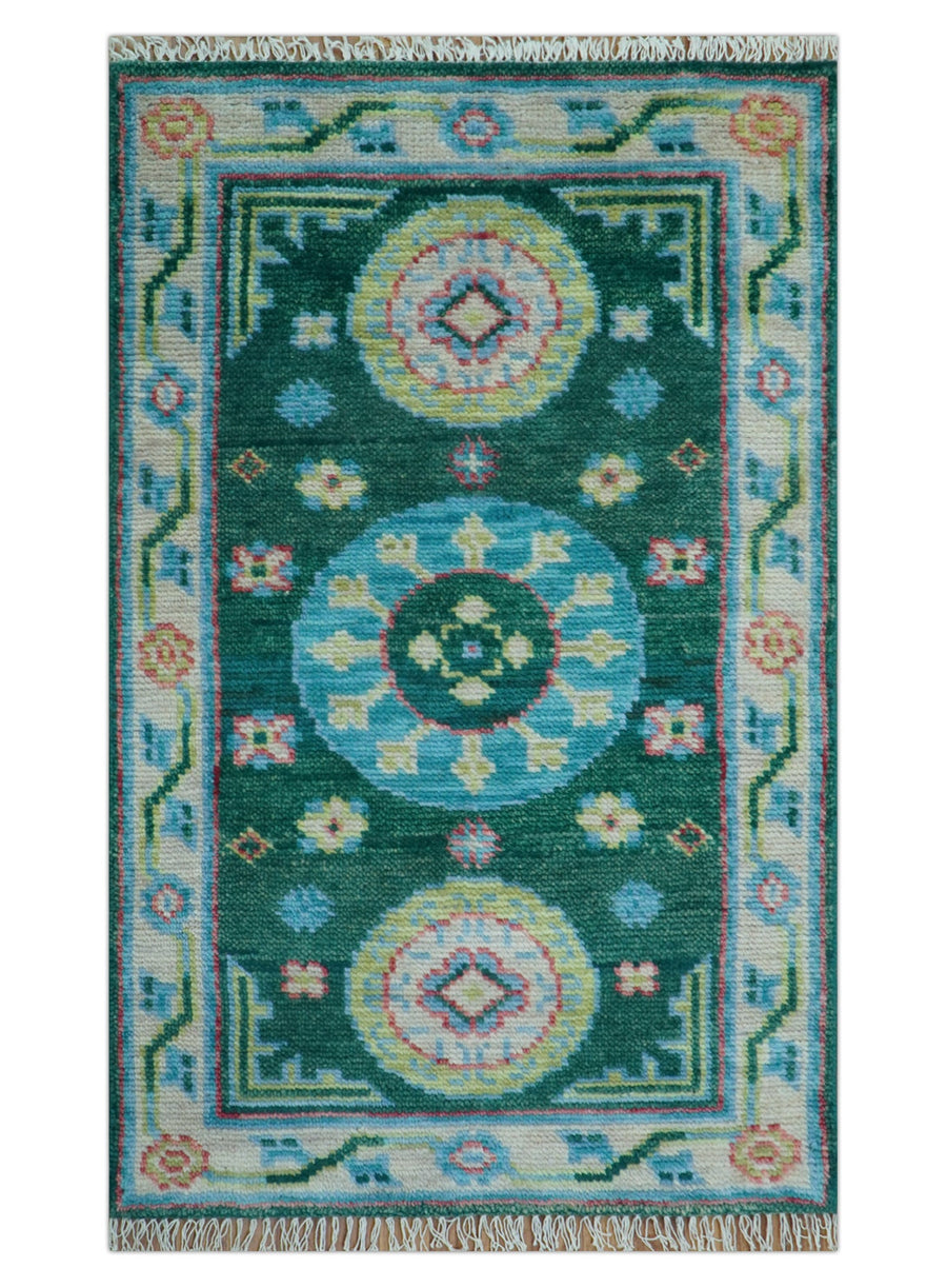 Traditional Khotan Design Teal 3x5 Hand knotted Wool Area Rug - The Rug Decor
