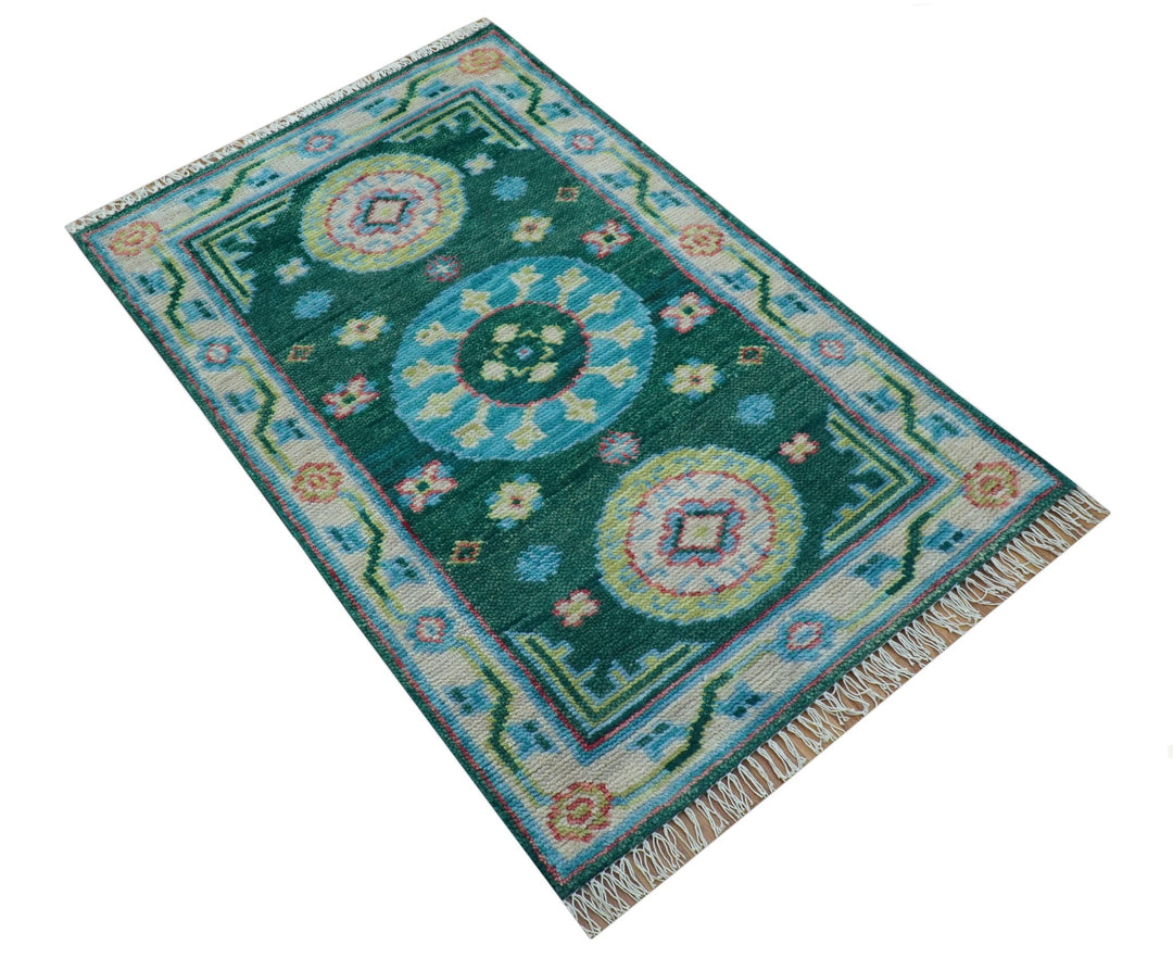 Traditional Khotan Design Teal 3x5 Hand knotted Wool Area Rug - The Rug Decor