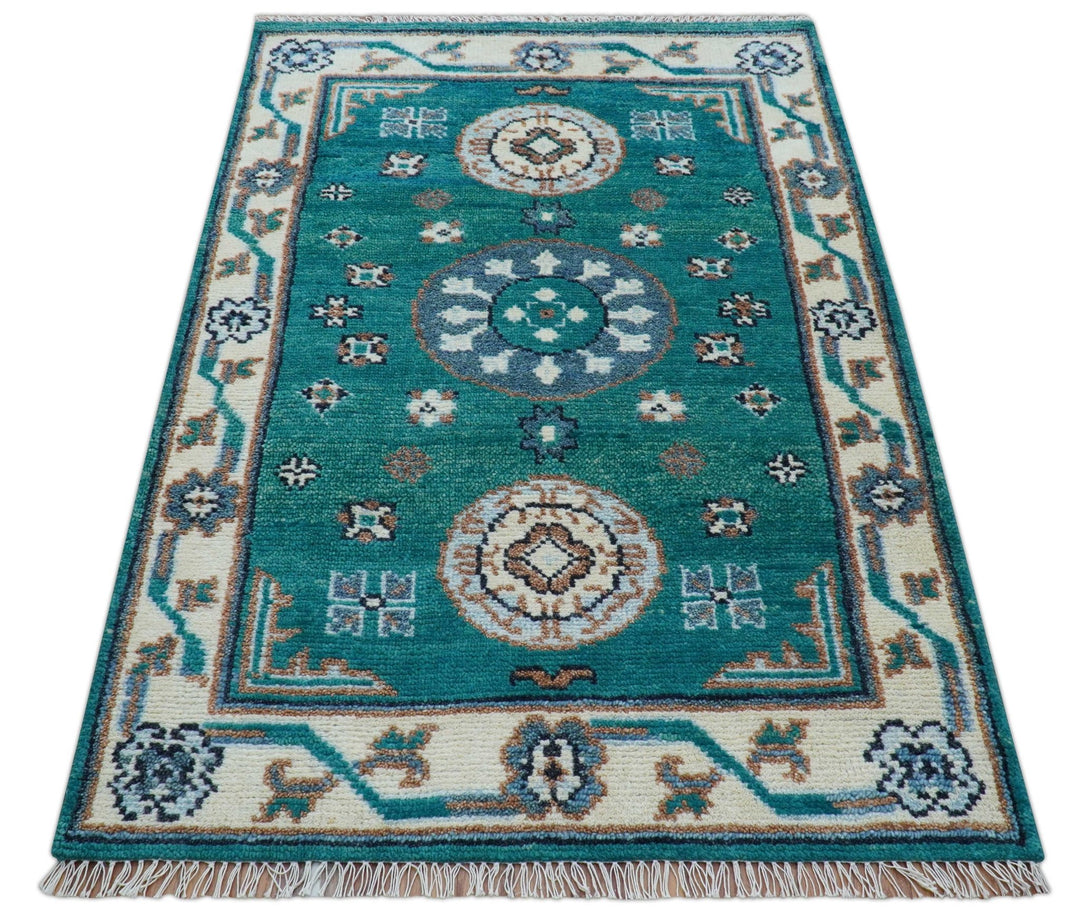 Traditional Khotan Design Teal And Beige Hand knotted 4x6 Wool Area Rug - The Rug Decor