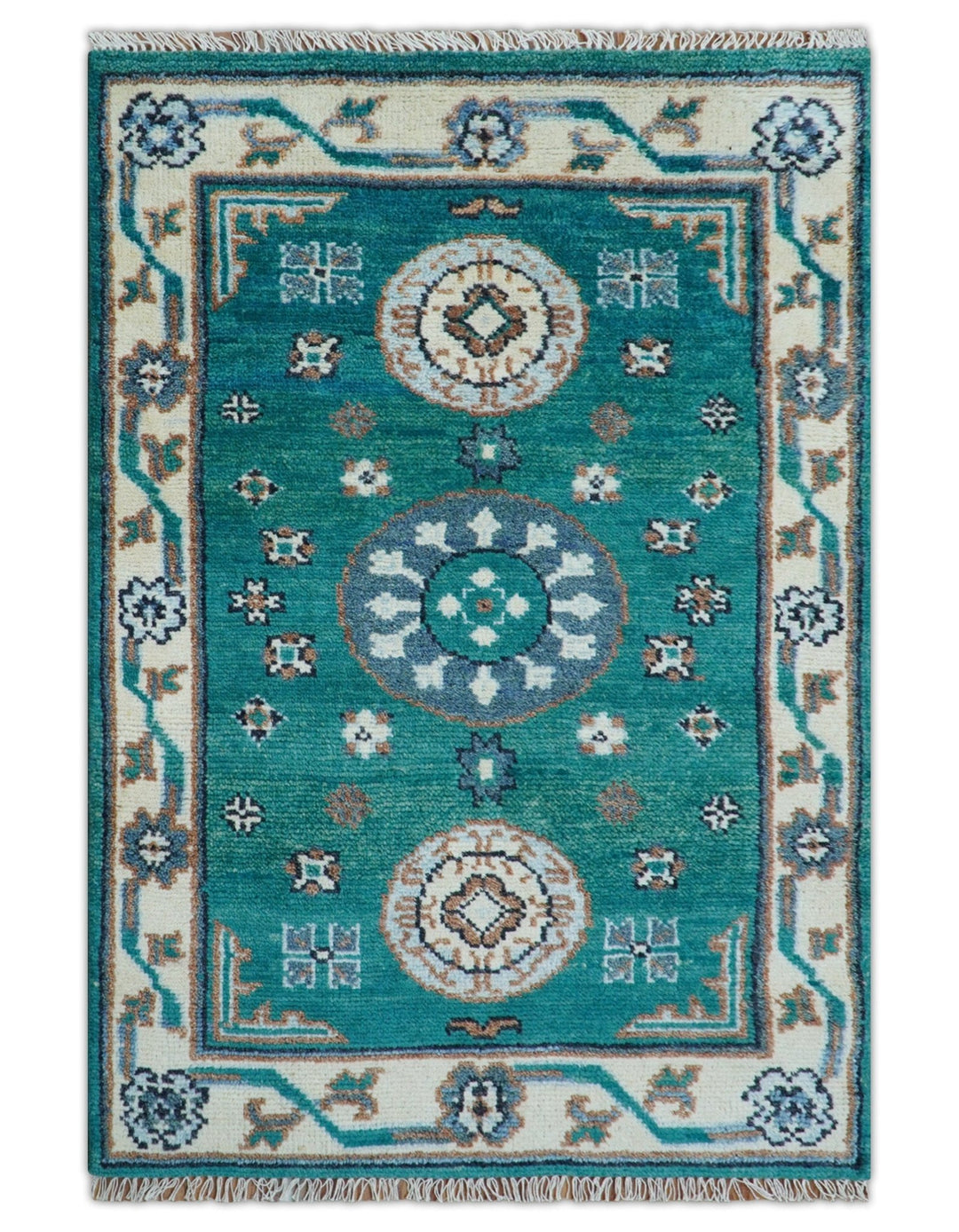 Traditional Khotan Design Teal And Beige Hand knotted 4x6 Wool Area Rug - The Rug Decor