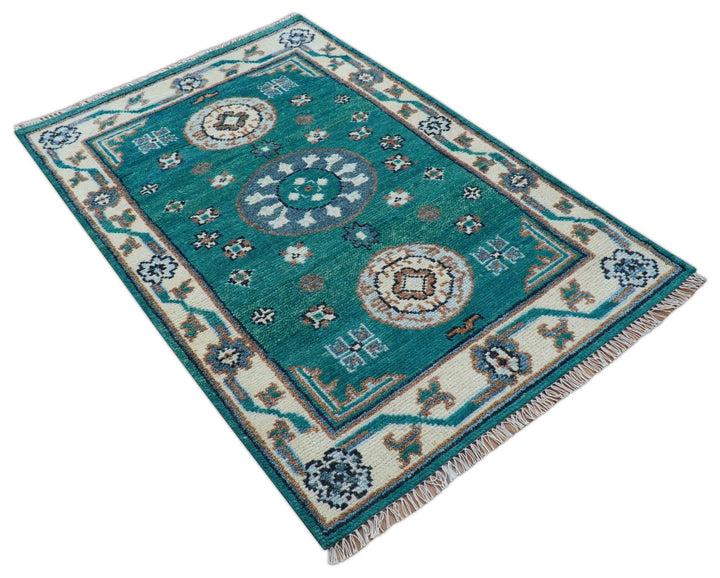 Traditional Khotan Design Teal And Beige Hand knotted 4x6 Wool Area Rug - The Rug Decor
