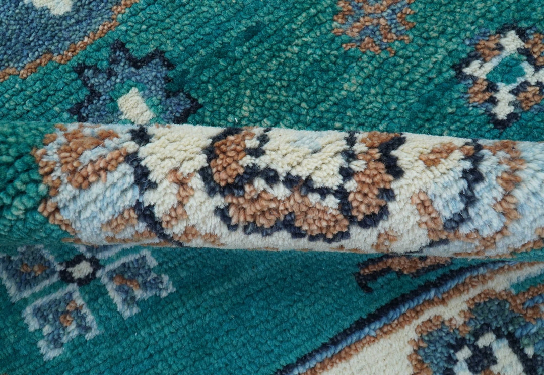 Traditional Khotan Design Teal And Beige Hand knotted 4x6 Wool Area Rug - The Rug Decor
