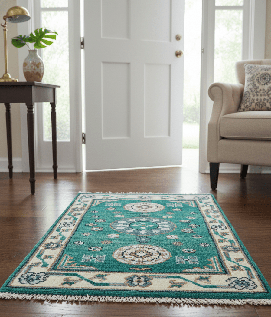 Traditional Khotan Design Teal And Beige Hand knotted 4x6 Wool Area Rug - The Rug Decor