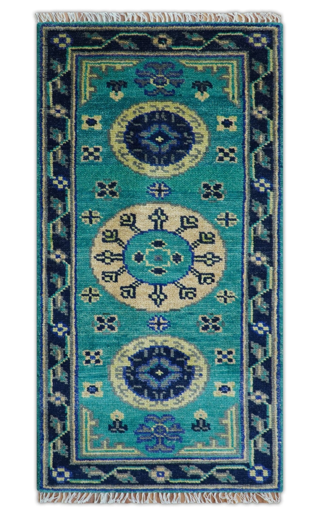 Traditional Khotan Design Teal Hand knotted 3x6 Wool Area Rug - The Rug Decor