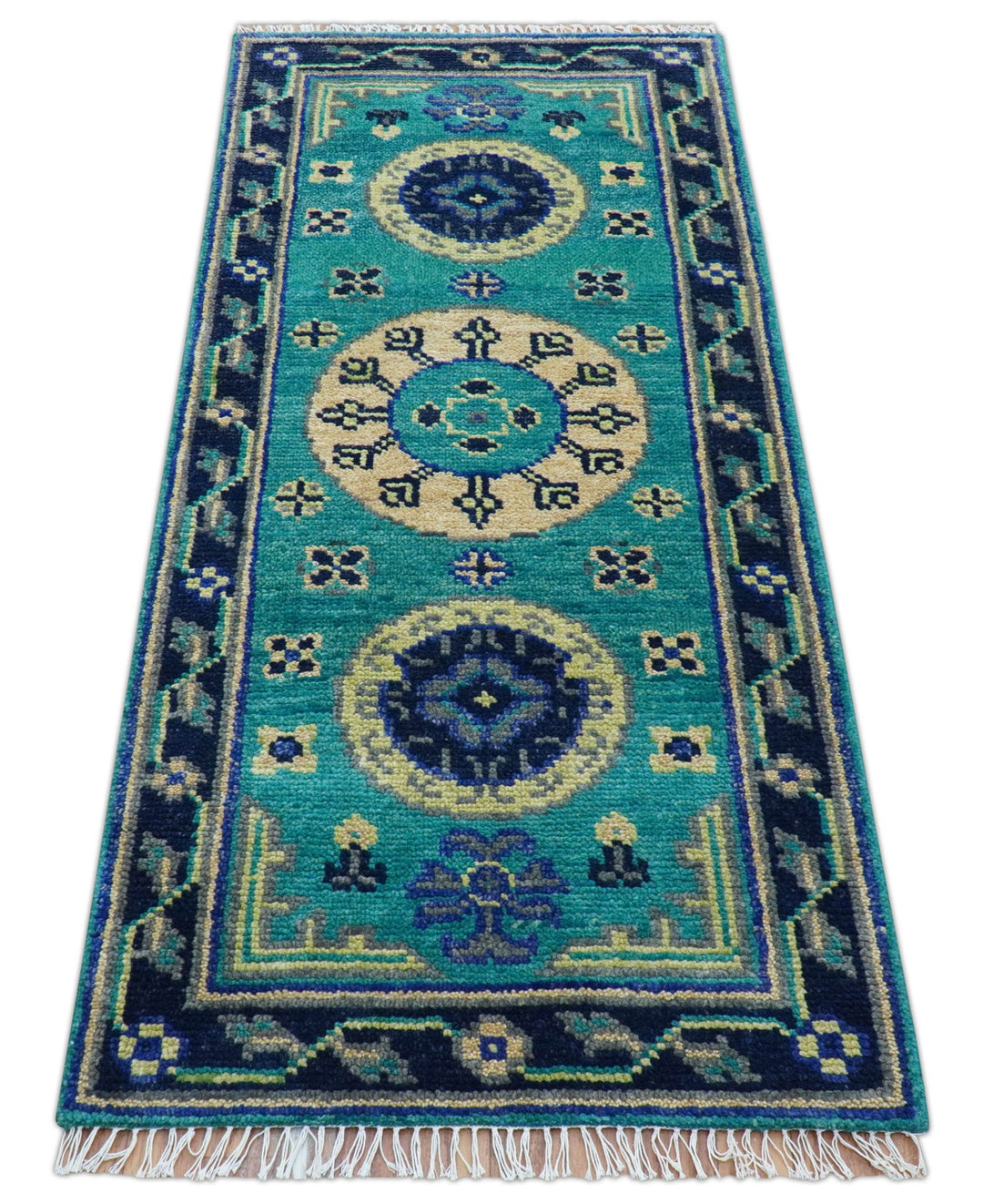 Traditional Khotan Design Teal Hand knotted 3x6 Wool Area Rug - The Rug Decor