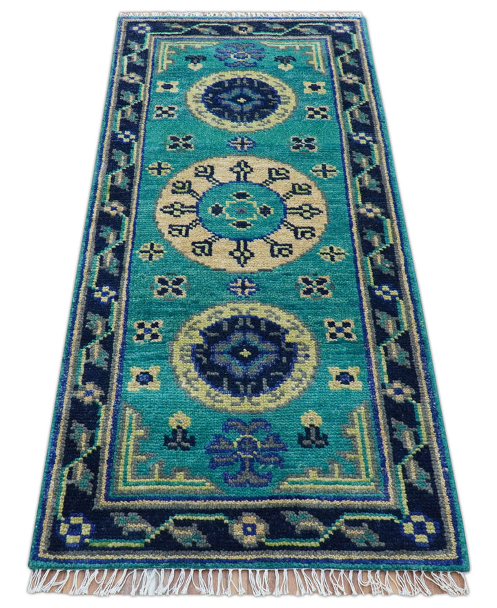 Traditional Khotan Design Teal Hand knotted 3x6 Wool Area Rug - The Rug Decor