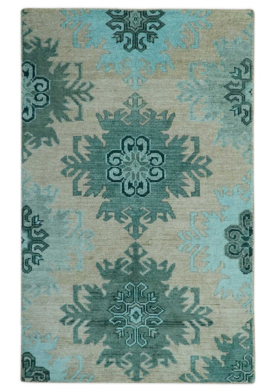 Traditional Large Design 5x8 Beige, Teal and Aqua Hand knotted wool area rug - The Rug Decor