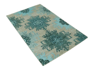 Traditional Large Design 5x8 Beige, Teal and Aqua Hand knotted wool area rug - The Rug Decor