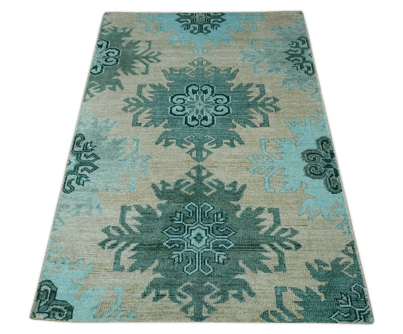 Traditional Large Design 5x8 Beige, Teal and Aqua Hand knotted wool area rug - The Rug Decor