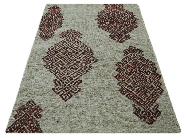 Traditional Large design 5x8 Olive, Silver and Brown Hand knotted wool area rug - The Rug Decor