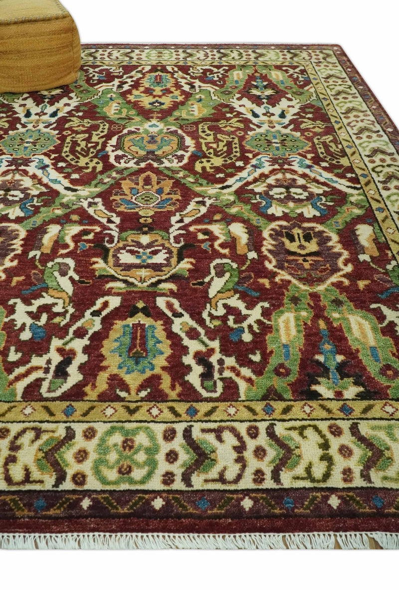 Traditional Large Design Maroon and Green Hand Knotted 8x10 wool area rug - The Rug Decor