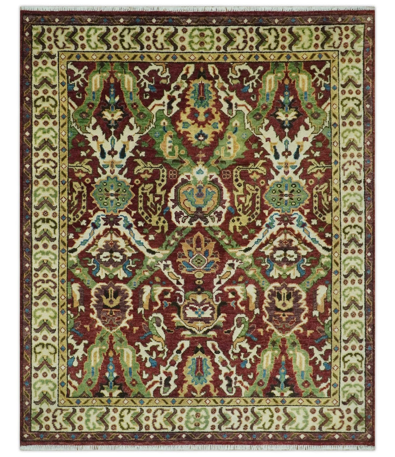 Traditional Large Design Maroon and Green Hand Knotted 8x10 wool area rug - The Rug Decor