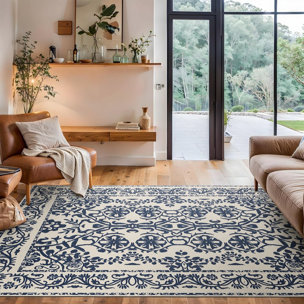 Traditional Leaf's and Flower Blue And Beige Machine Washable Area Rug - The Rug Decor