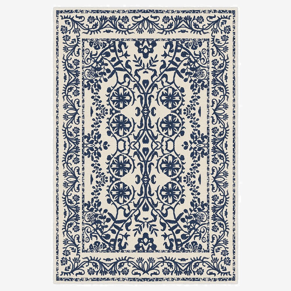 Traditional Leaf's and Flower Blue And Beige Machine Washable Area Rug - The Rug Decor