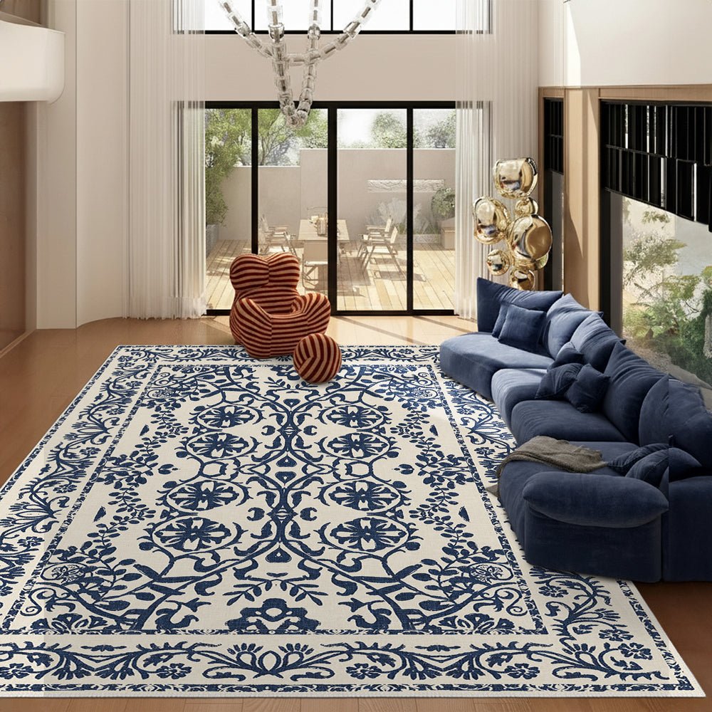 Traditional Leaf's and Flower Blue And Beige Machine Washable Area Rug - The Rug Decor