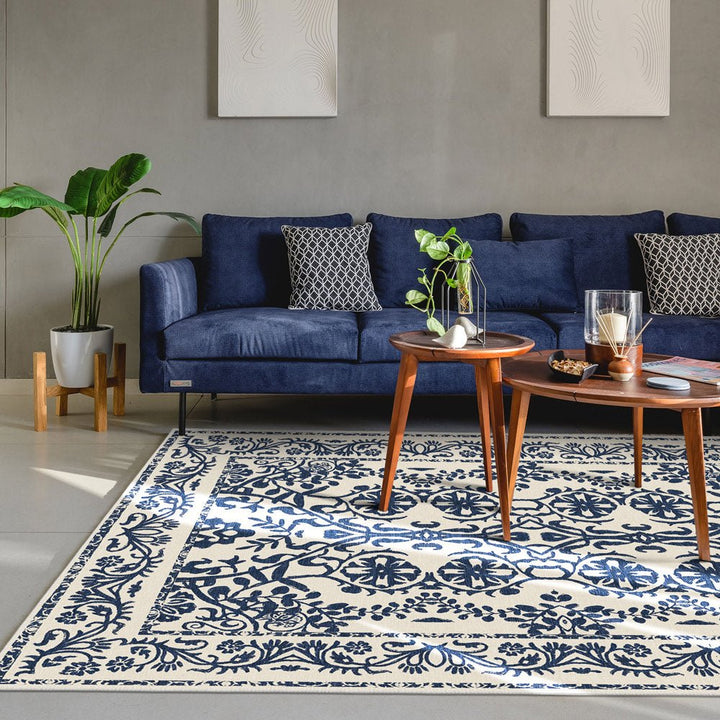 Traditional Leaf's and Flower Blue And Beige Machine Washable Area Rug - The Rug Decor