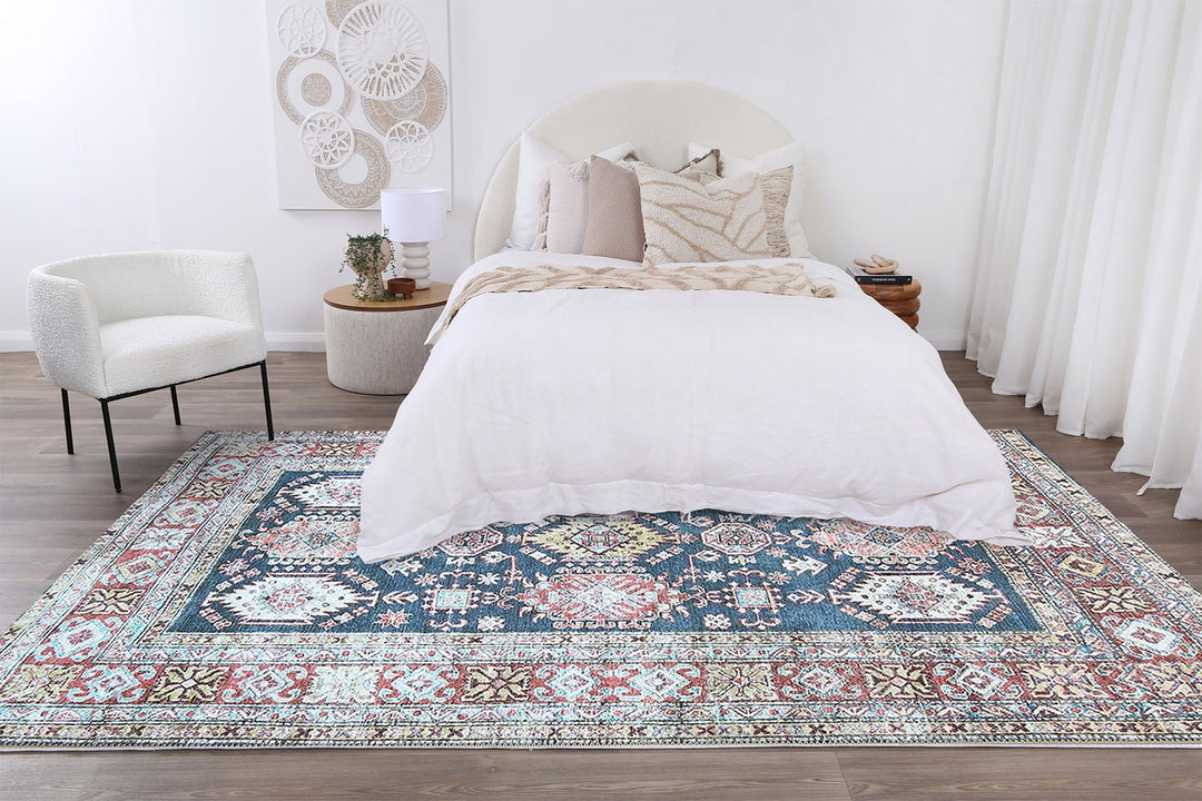 Traditional Machine Washable Blue And Rust Rug - The Rug Decor