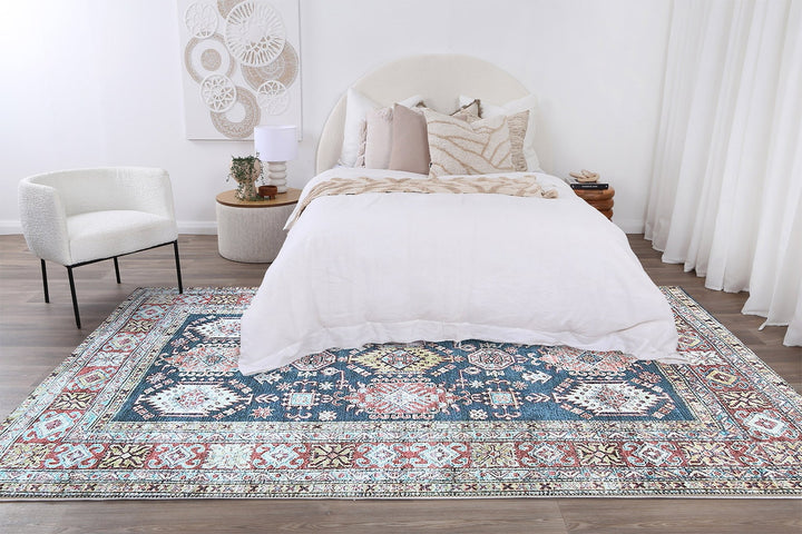 Traditional Machine Washable Blue And Rust Rug - The Rug Decor