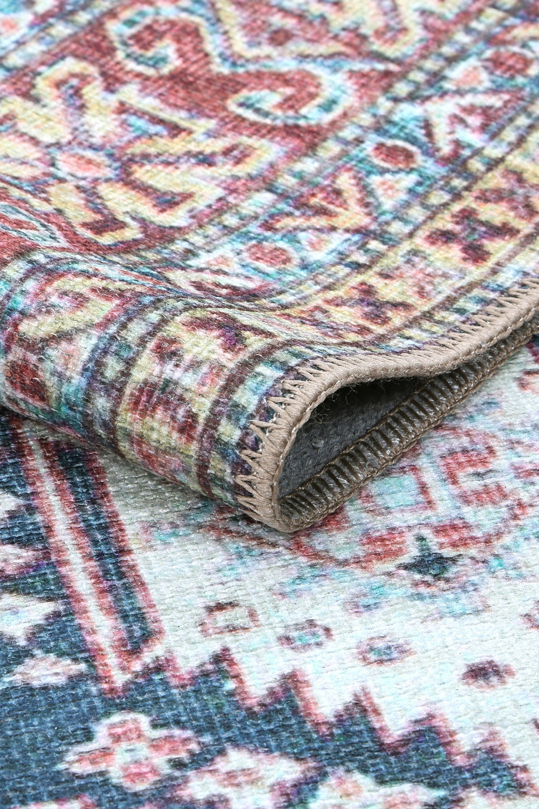 Traditional Machine Washable Blue And Rust Rug - The Rug Decor