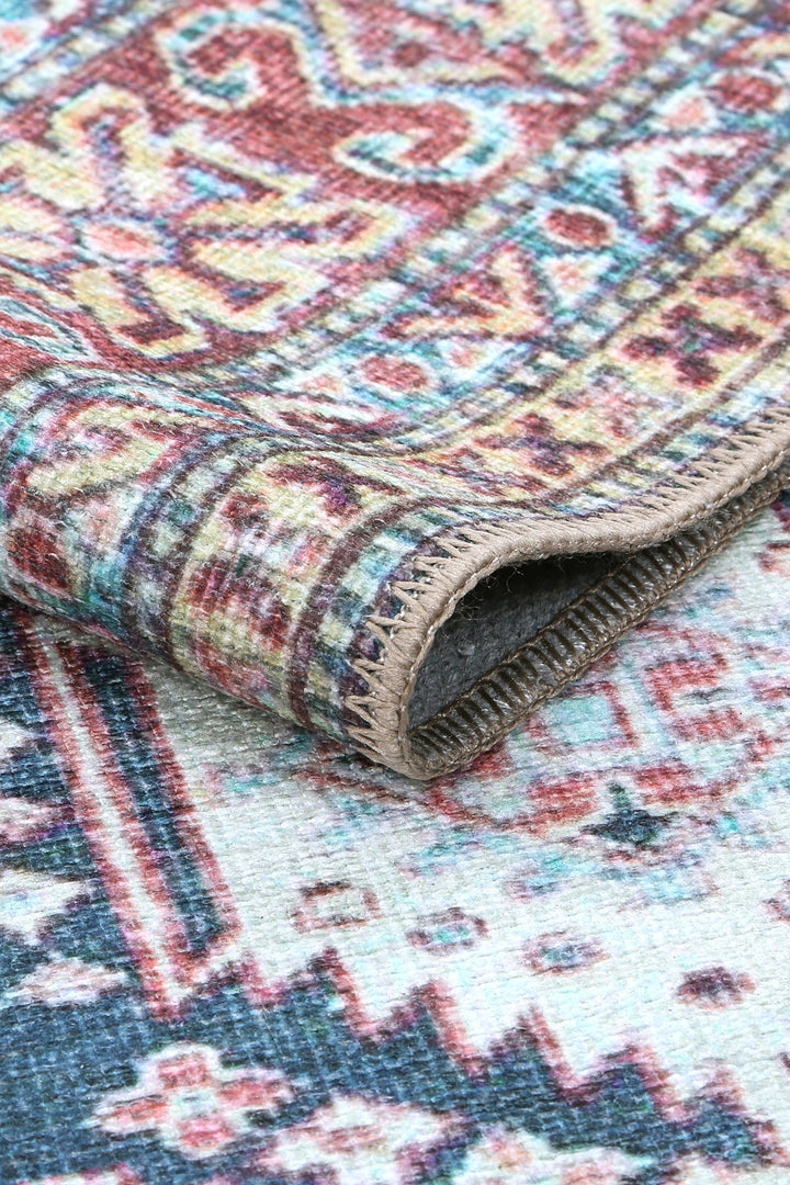Traditional Machine Washable Blue And Rust Rug - The Rug Decor