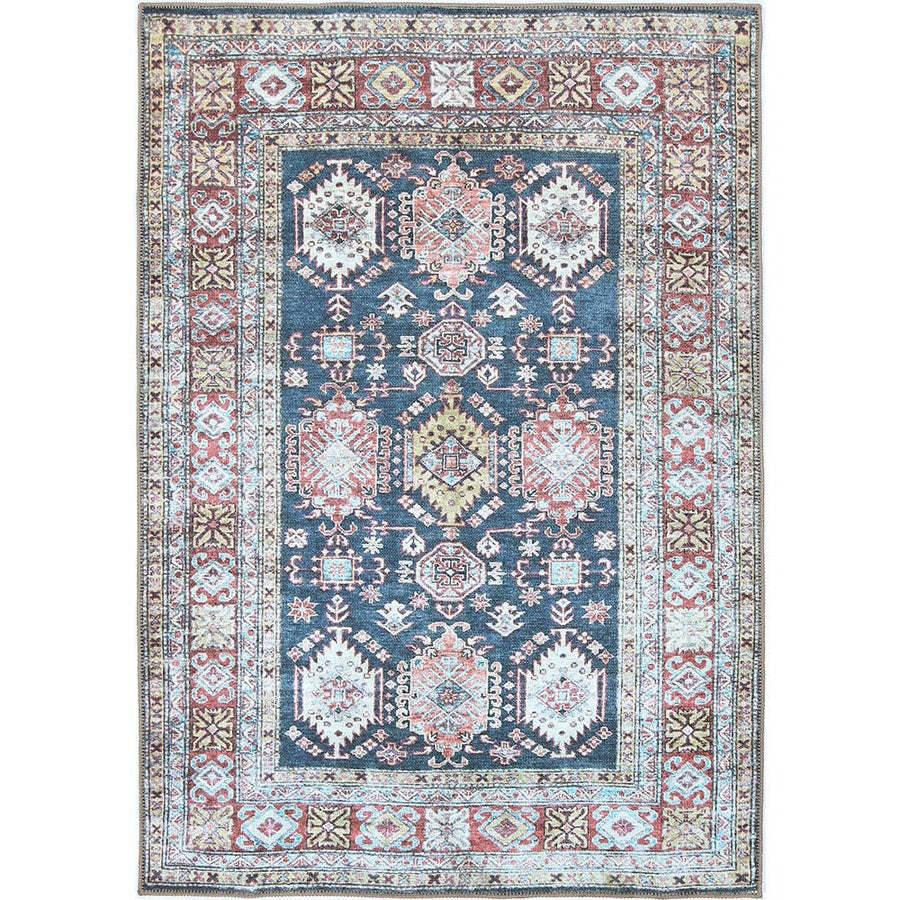 Traditional Machine Washable Blue And Rust Rug - The Rug Decor