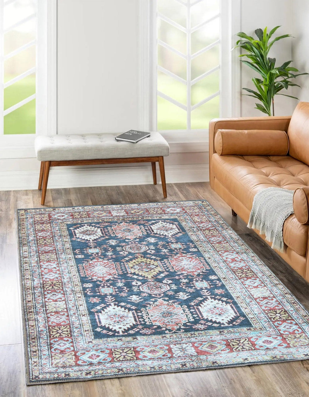 Traditional Machine Washable Blue And Rust Rug - The Rug Decor