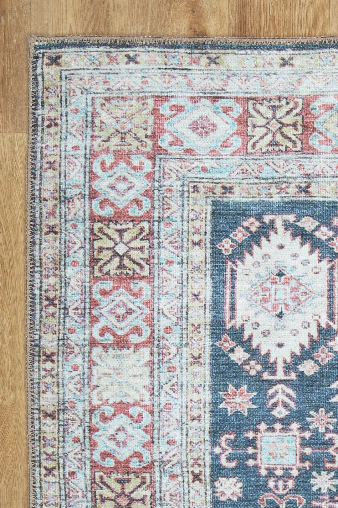 Traditional Machine Washable Blue And Rust Rug - The Rug Decor
