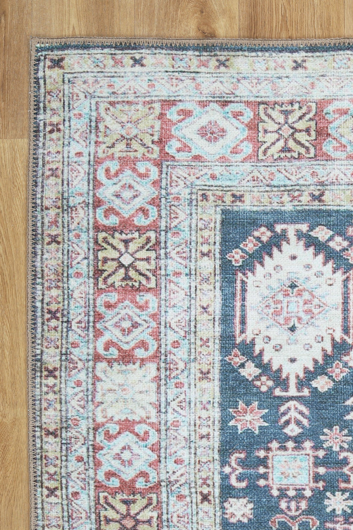 Traditional Machine Washable Blue And Rust Rug - The Rug Decor