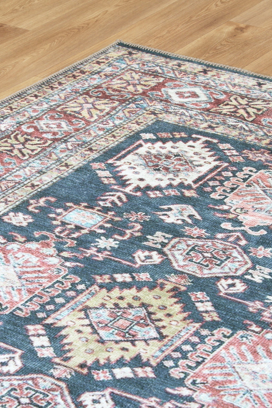 Traditional Machine Washable Blue And Rust Rug - The Rug Decor