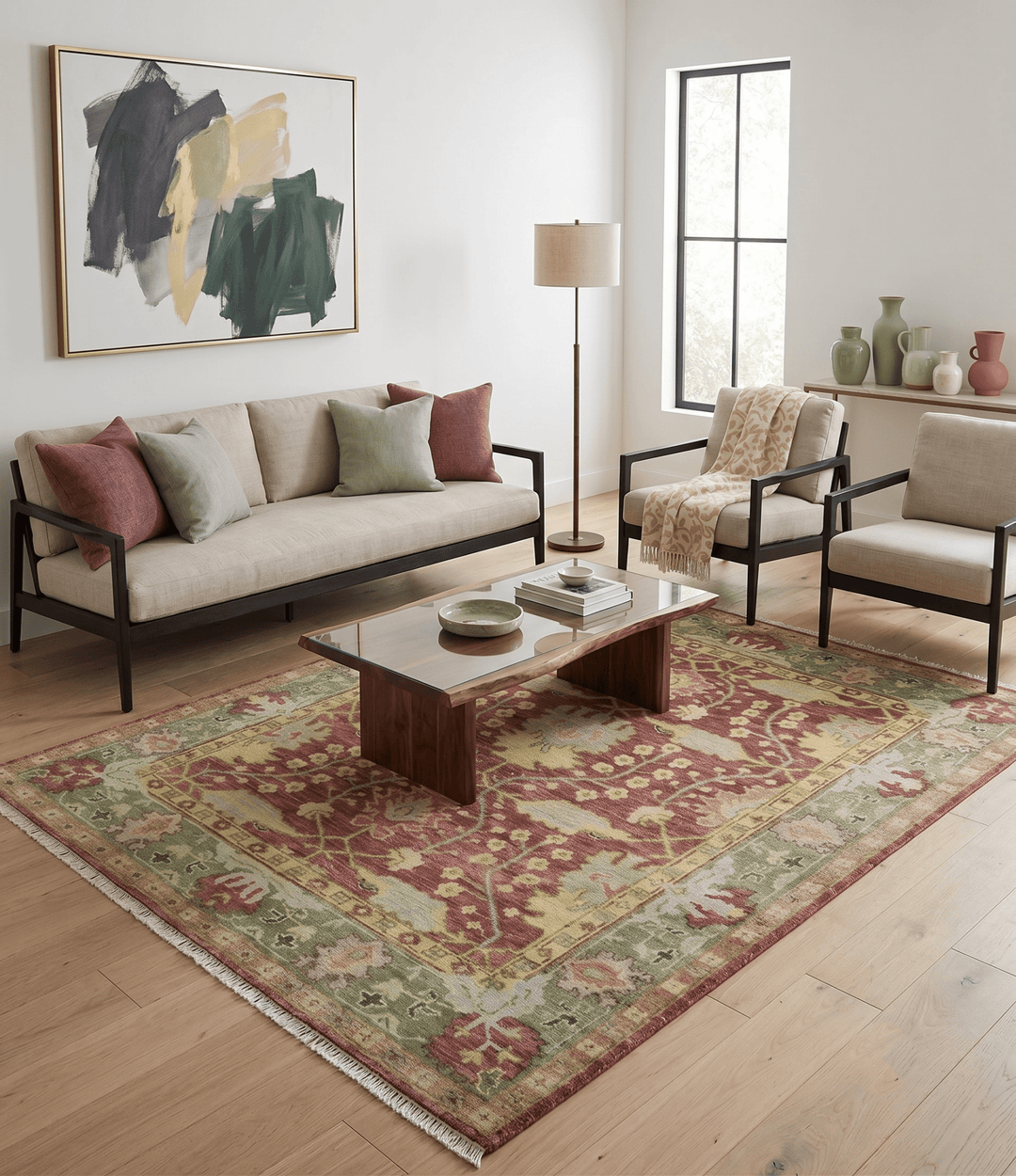 Traditional Maroon, Green and Beige Antique Donegal Design Hand knotted Area Rug - The Rug Decor